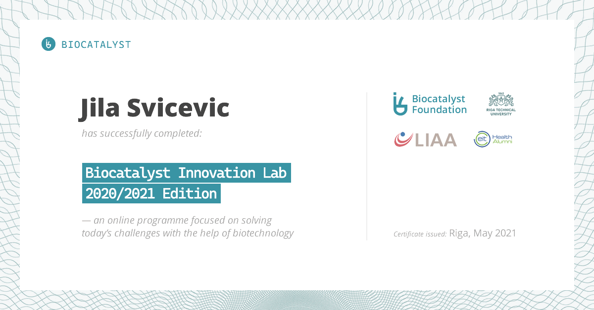 Certificate for Jila Svicevic