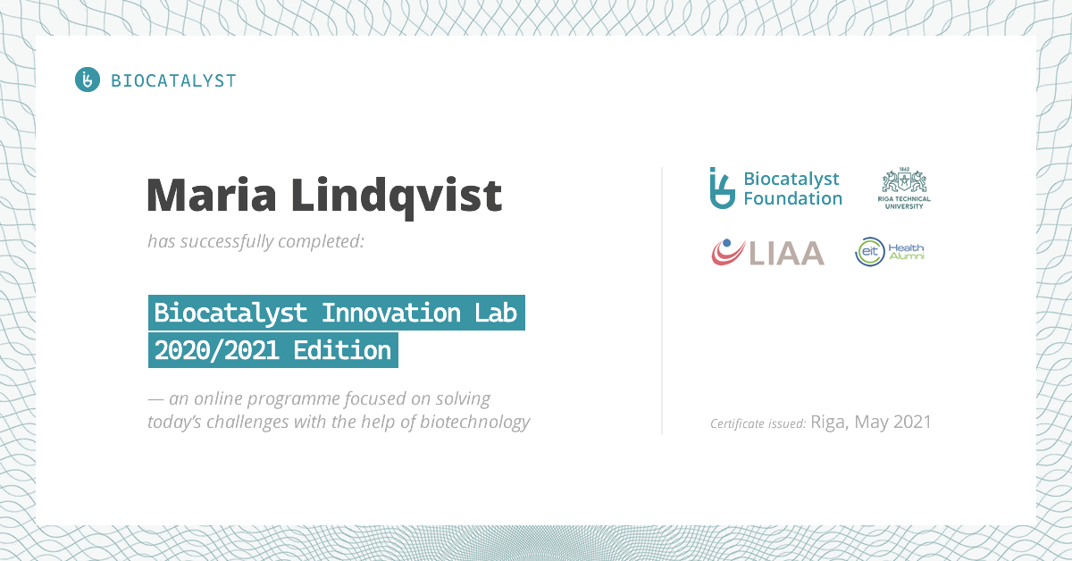 Certificate for Maria Lindqvist